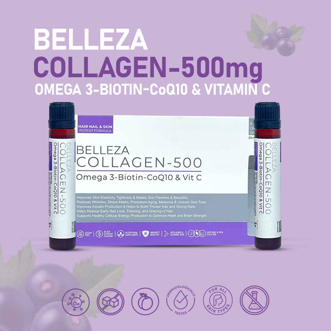 BELLEZA COLLAGEN 500 WITH OMEGA 3, BIOTIN, COQ10 & VITAMIN C PACK OF 6 - 30ML