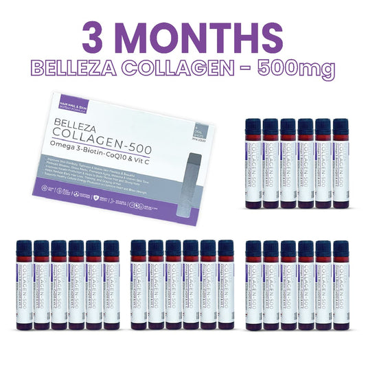 12 PACK BELLEZA COLLAGEN 500 WITH OMEGA 3, BIOTIN, COQ10 & VITAMIN C - 3 MONTHS DOSE